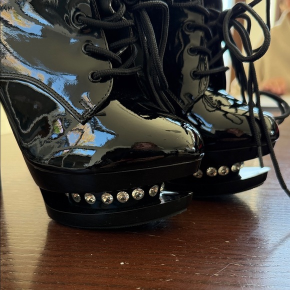 Pleaser Black Patent Heeled Boots with Studs - Picture 3 of 8